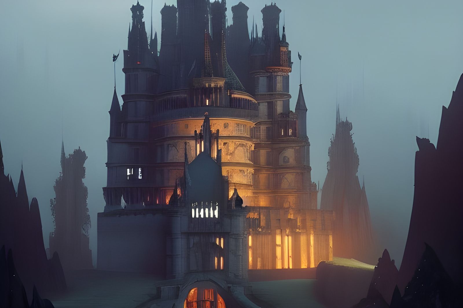 Fantasy Cyberpunk Castle in Mountain Range