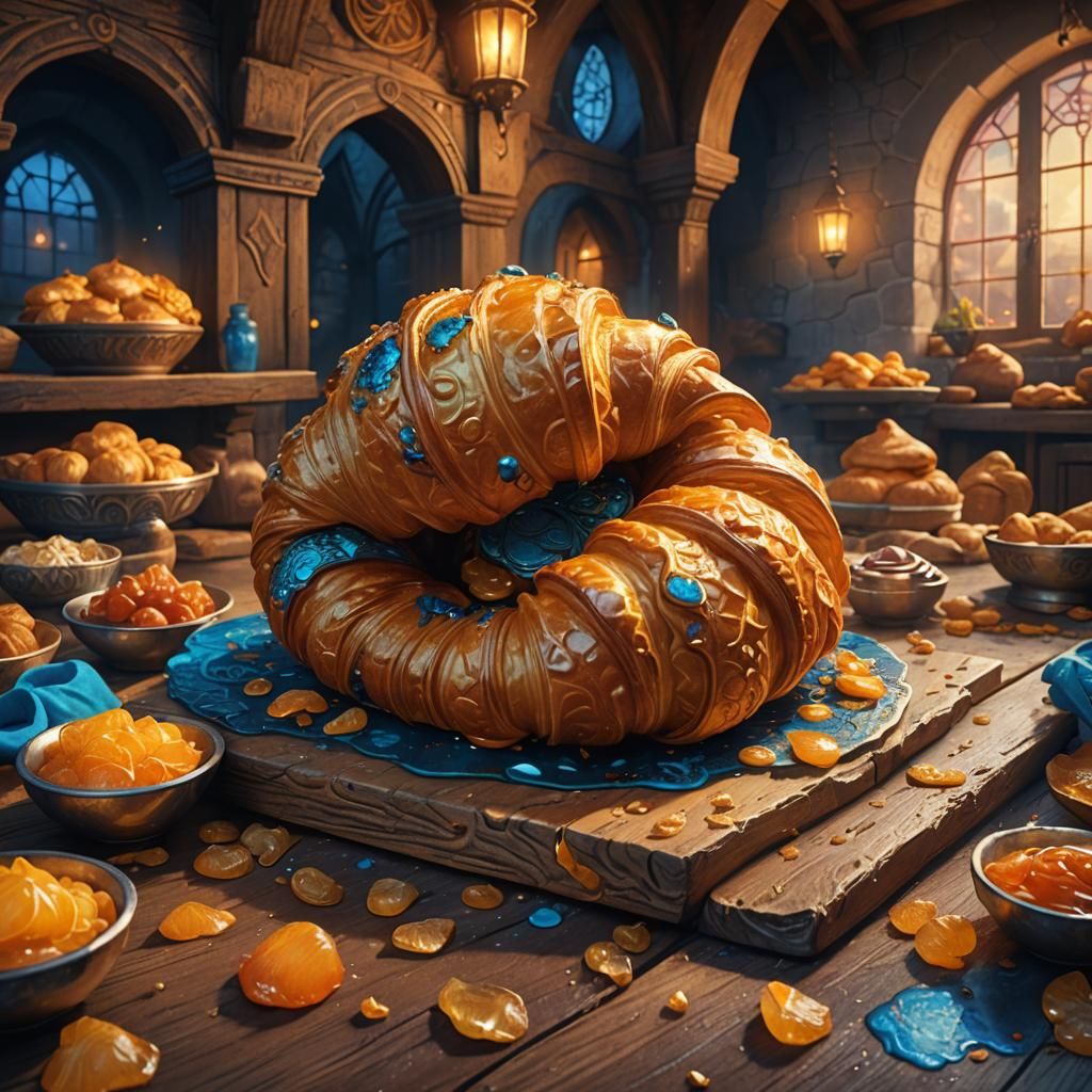 Golden Croissant in Mystical Bakery: Fantasy Art