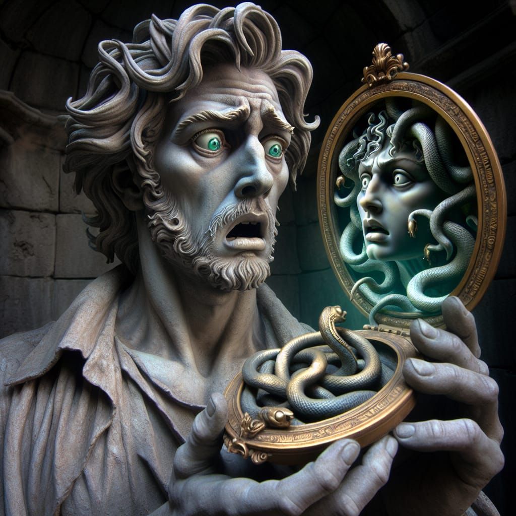 Stone Statue Captures Man's Horror at Medusa