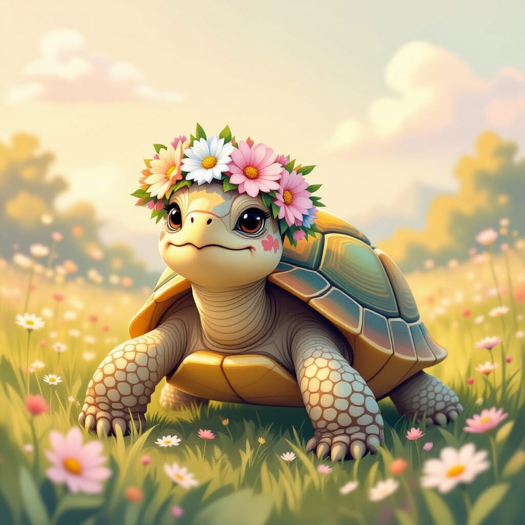 Pastel Tortoise with Flower Crown in Dreamy Landscape