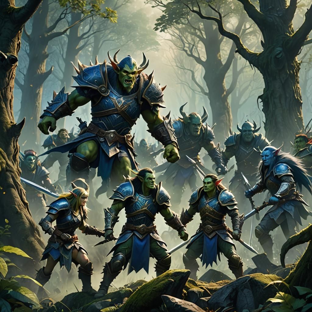 Elves and Orcs Clash in Misty Forest: Anime Art