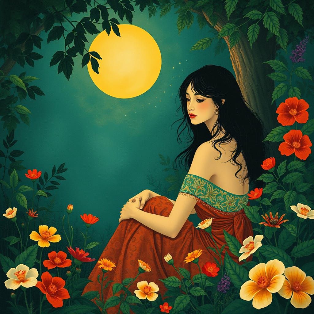 Dreamlike Moonlit Garden Scene in Naive and Surrealist Style