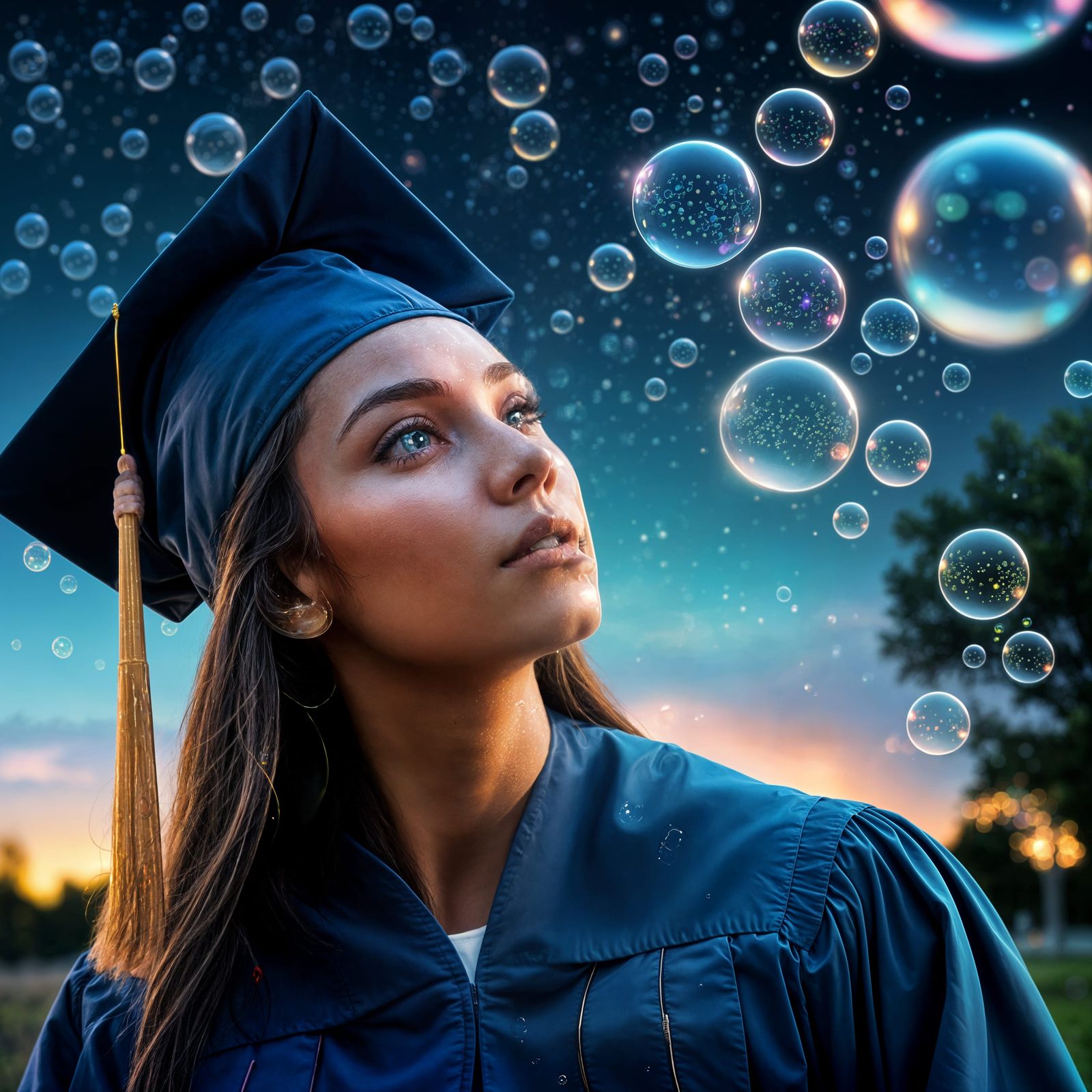 Graduate Gazing at Glowing Bubbles in Night Sky