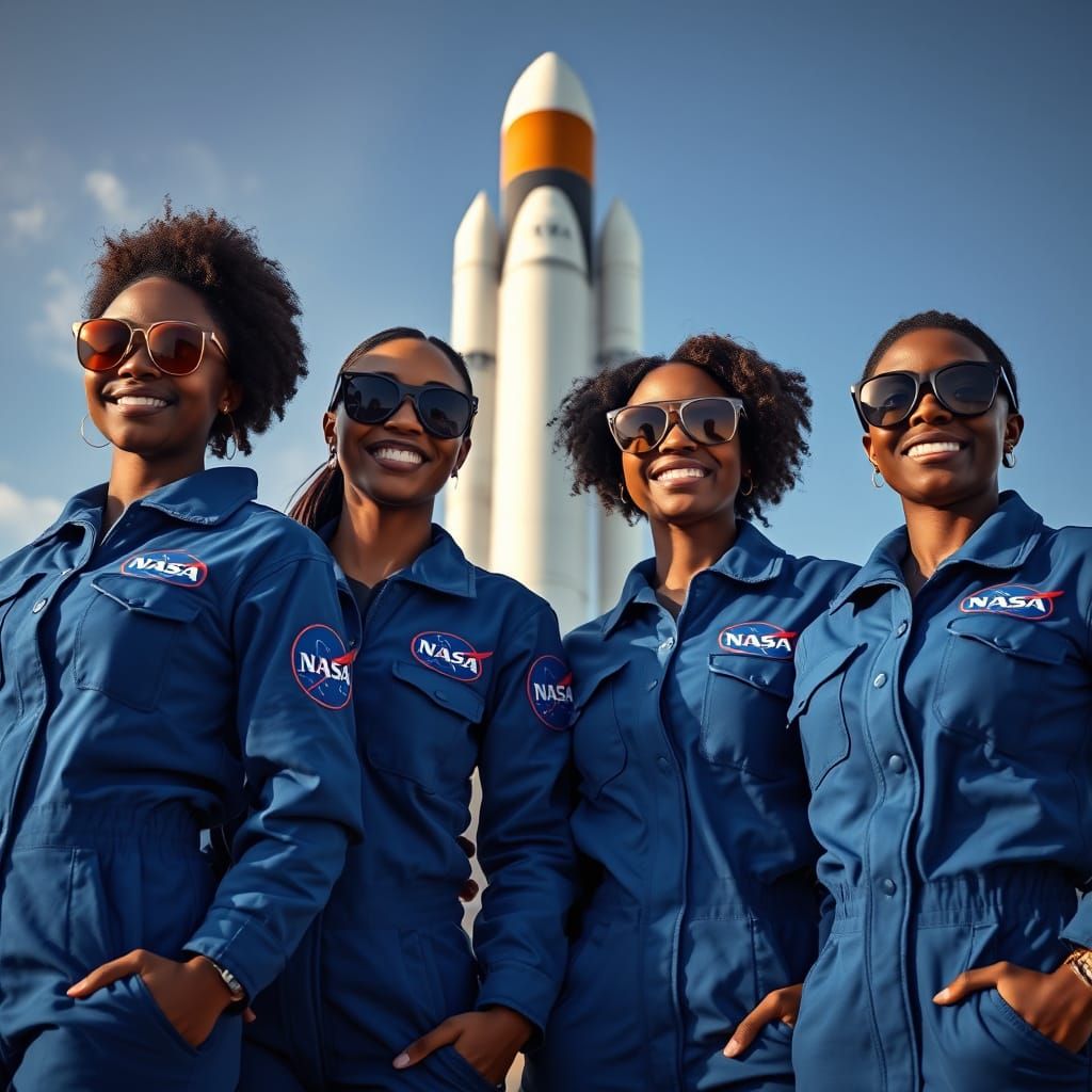 Confident Black Women in NASA Blue Jumpsuits with Rocket Bac...