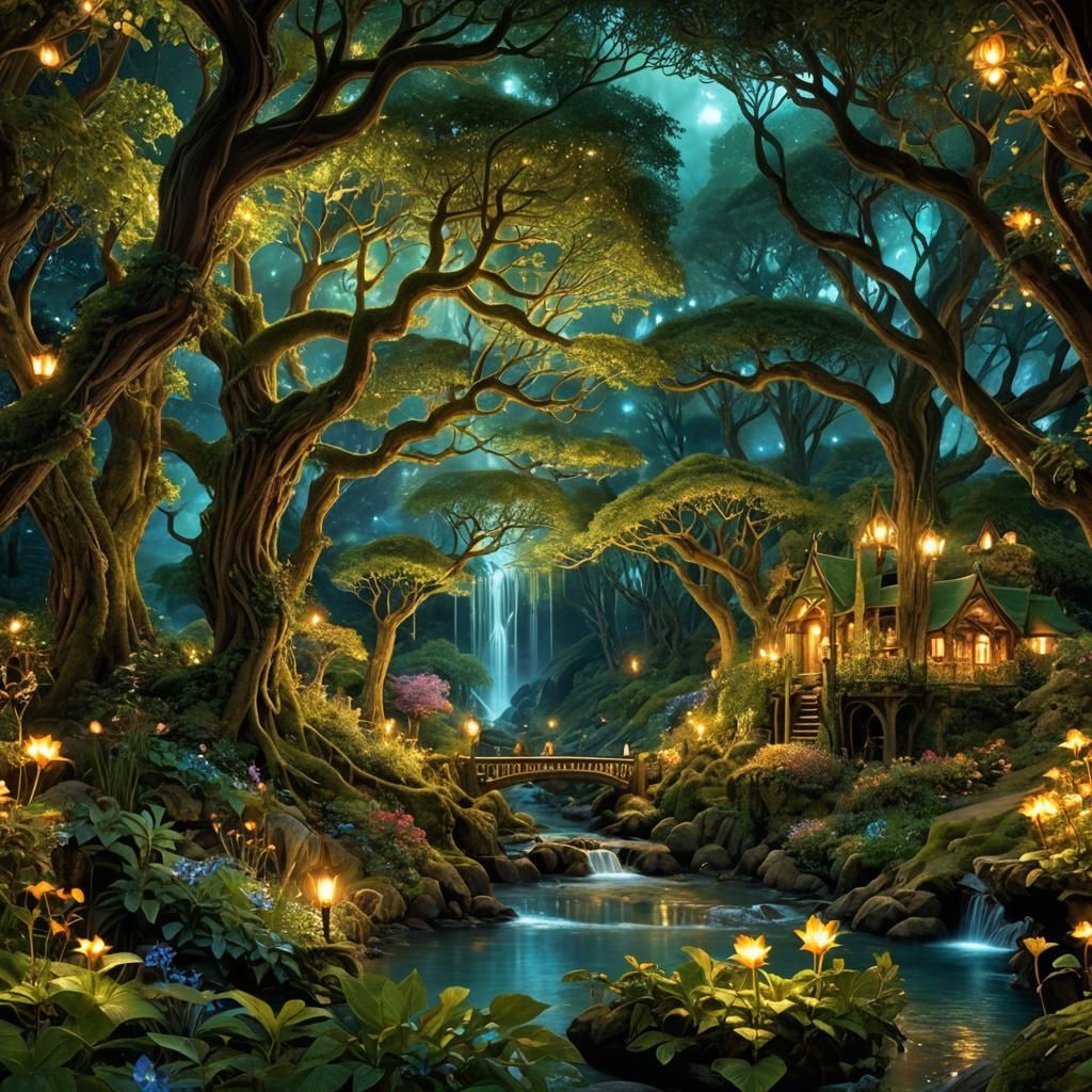 Luminous Rivendell Landscape with Bioluminescence