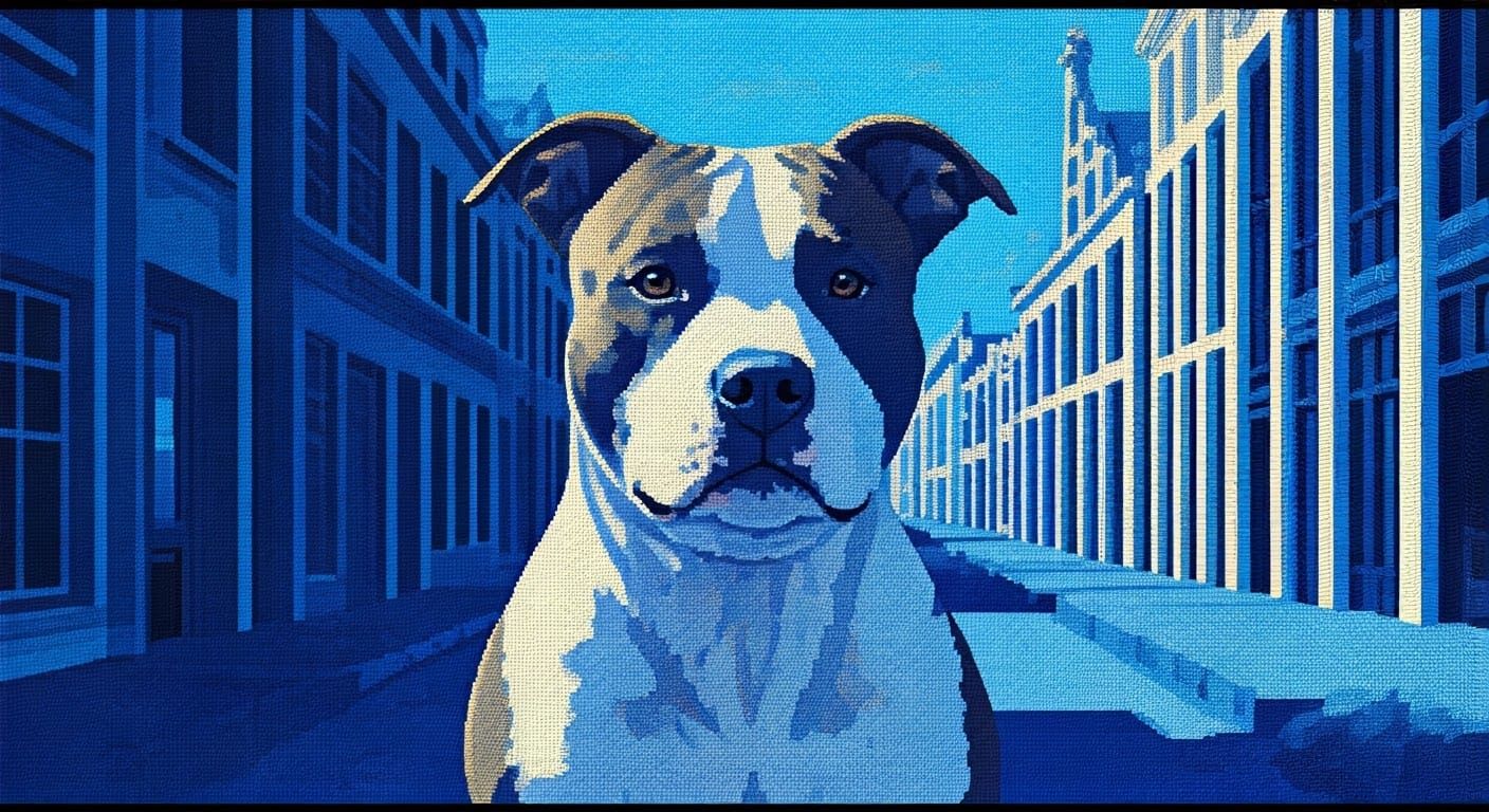 Delft Blue Pitbull Terrier Pixel Art Poster
