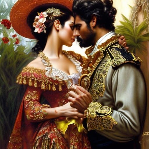 "a spanish couple dancing Flamenco" Rococo, Hyperdetailed, Delicate; Royo, Bagshaw, Chevrier, Lou Xaz, Ferri, Kaluta, Mi...