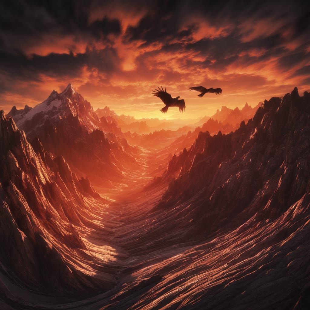 Epic Mountain Landscape at Sunset in Digital Matte Painting ...