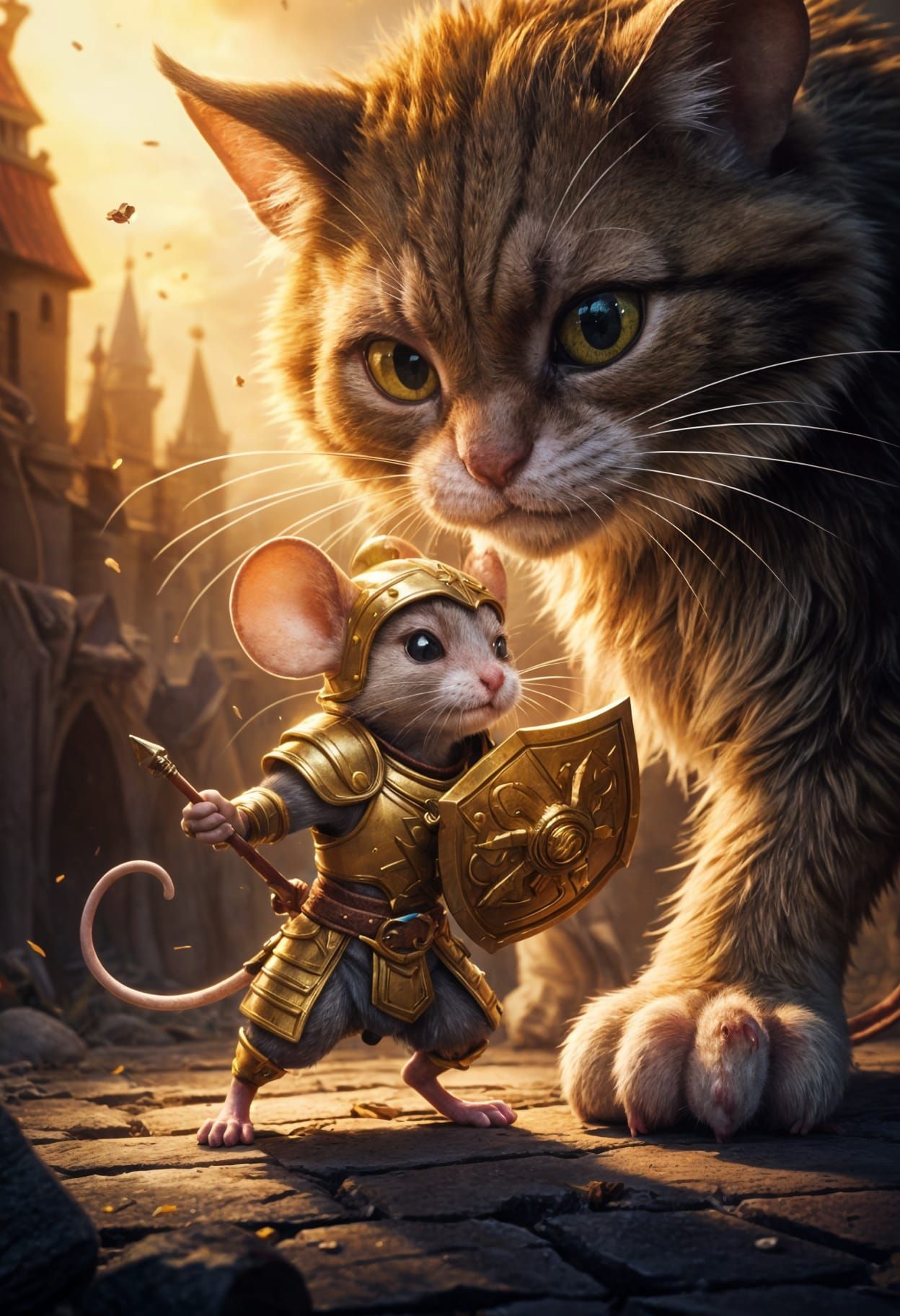Brave Warrior Battles a Whimsical Giant Cat in Colorful Disn...