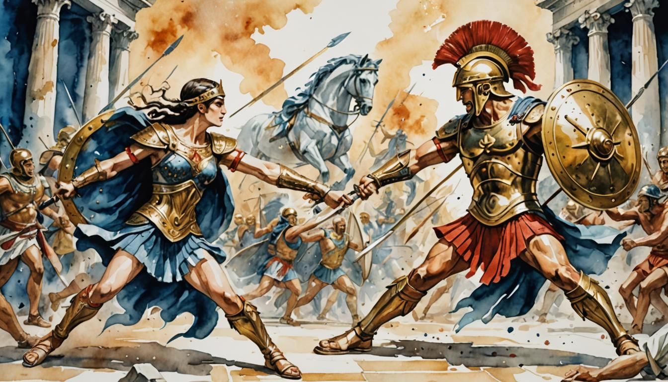 Penthesilea and Achilles: Watercolor Battle in Greek Myth