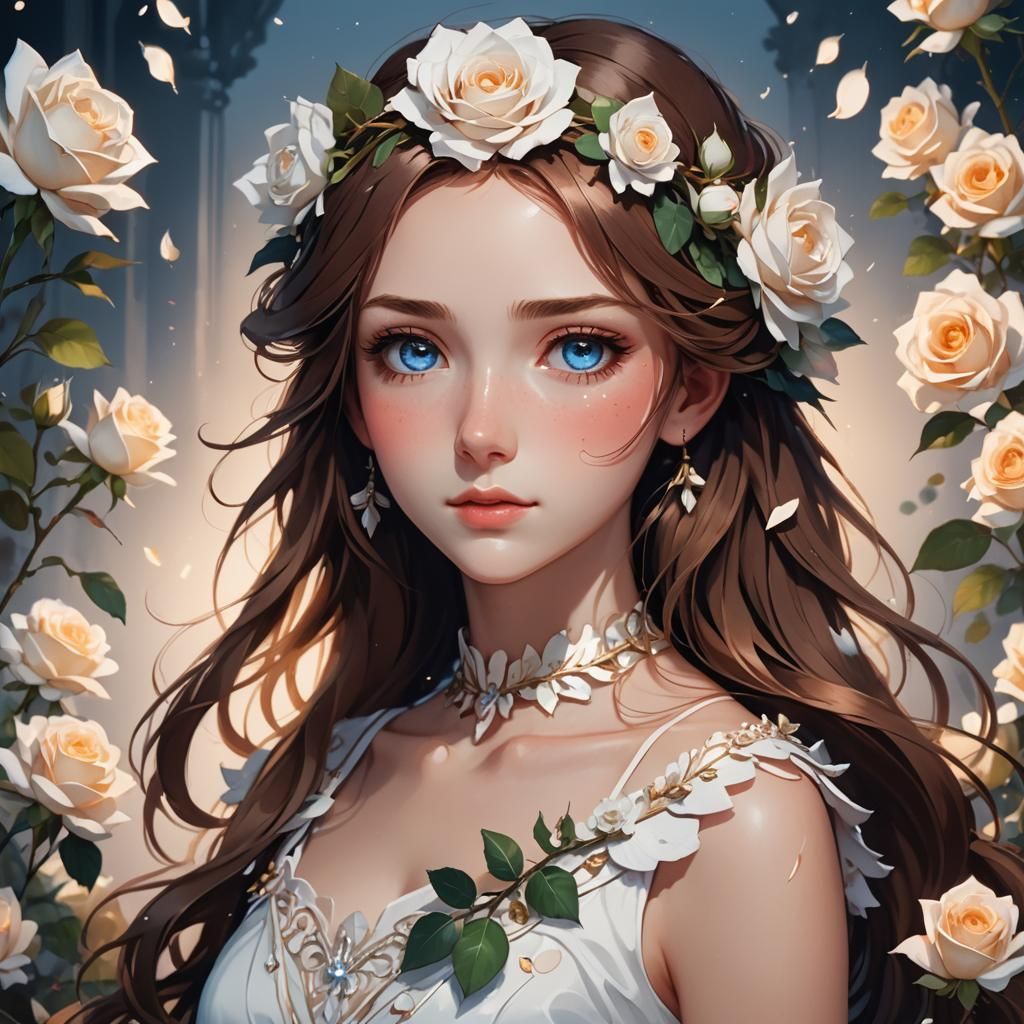 Anime Girl Portrait with Roses in Cel-Shaded Style