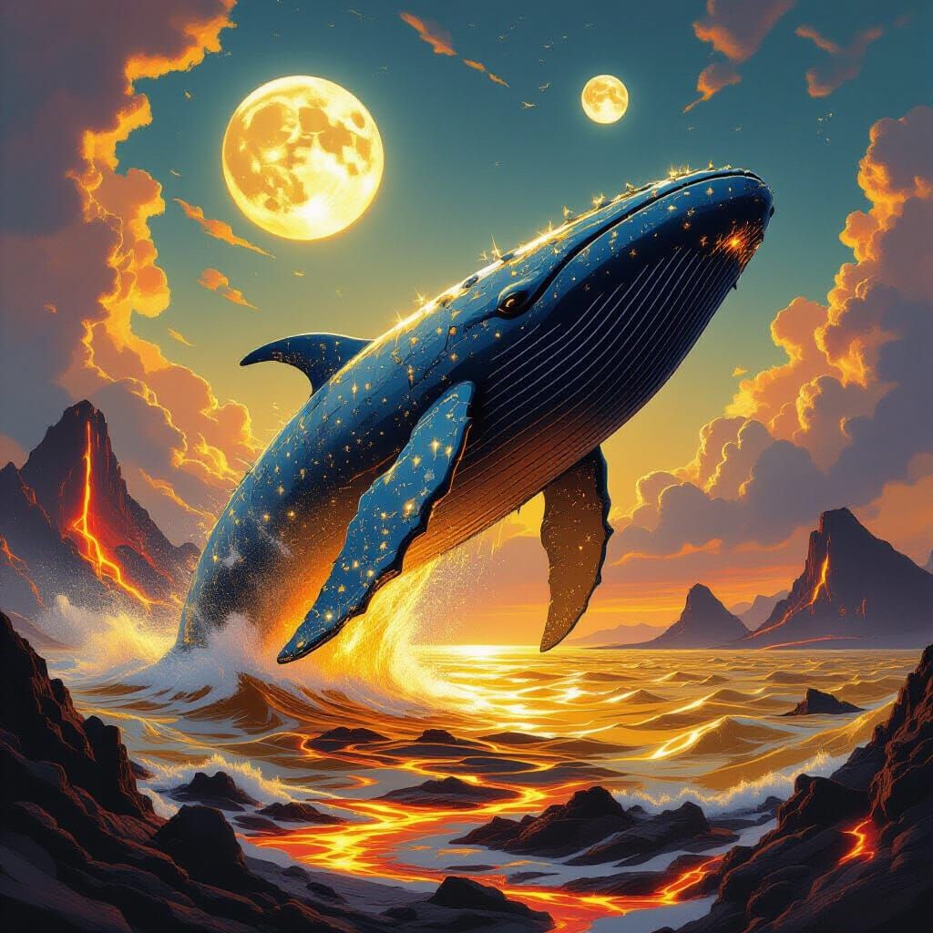 Colossal Whale Breaches Golden Sea Under Twin Moons