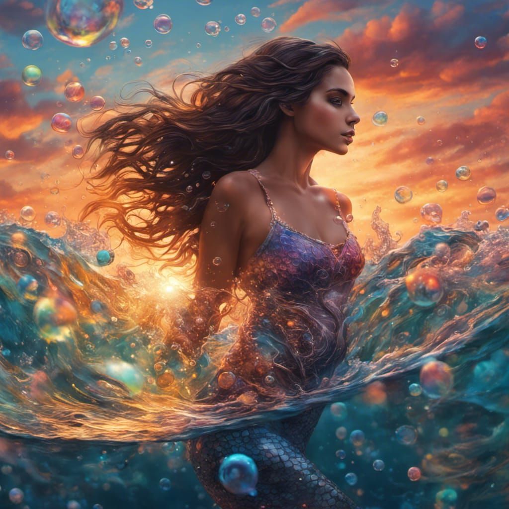 Brunette Mermaid Sky Swimming Hyperrealistic Splash Art