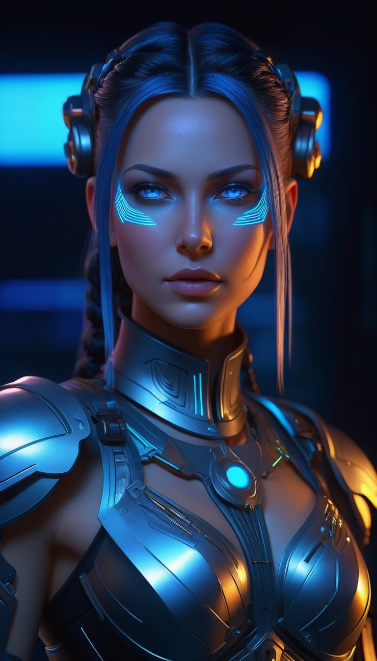 Futuristic Woman Portrait with Neon Circuitry in Cyberpunk S...