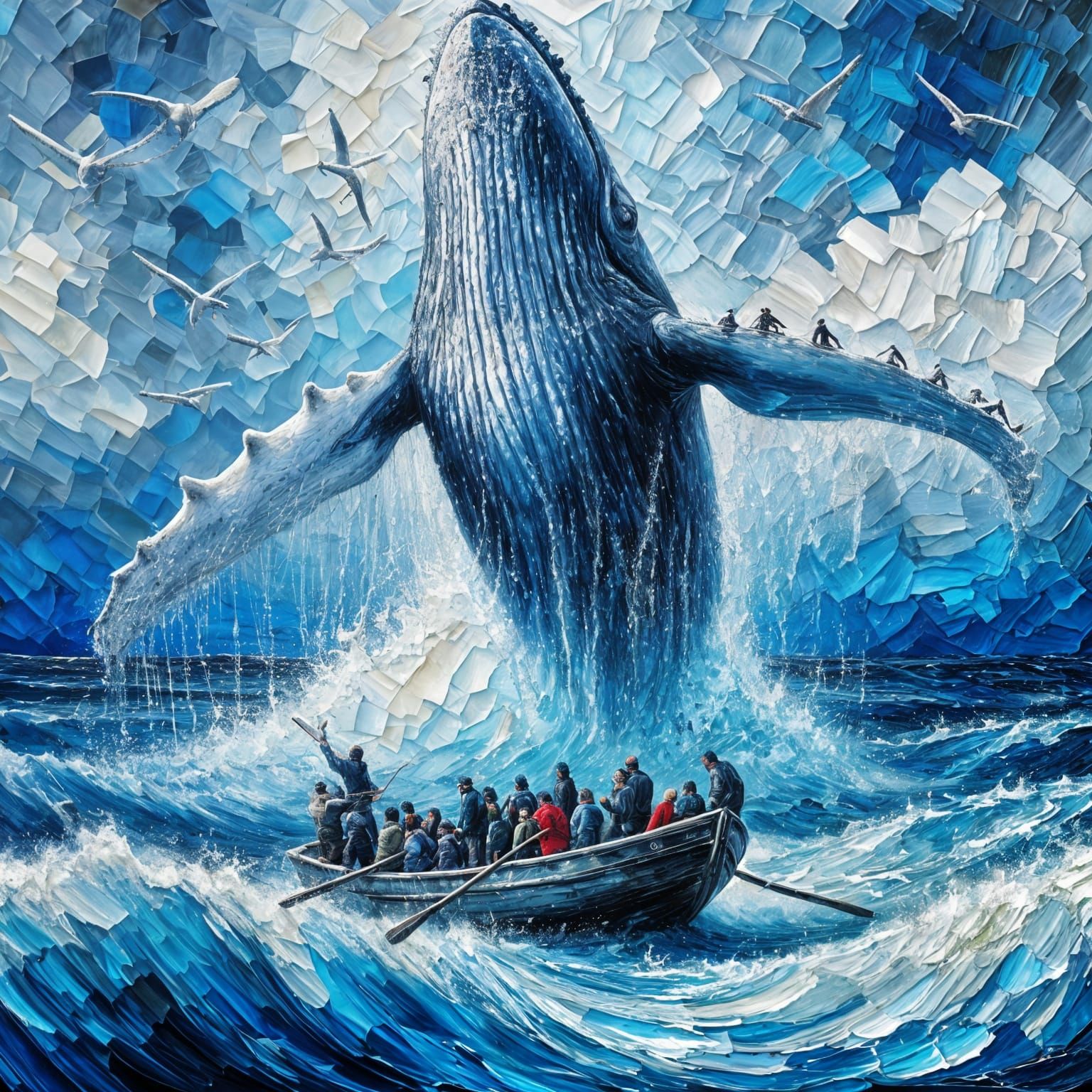 Humpback Whale Leaps near Fishing Boat as Impasto Painting