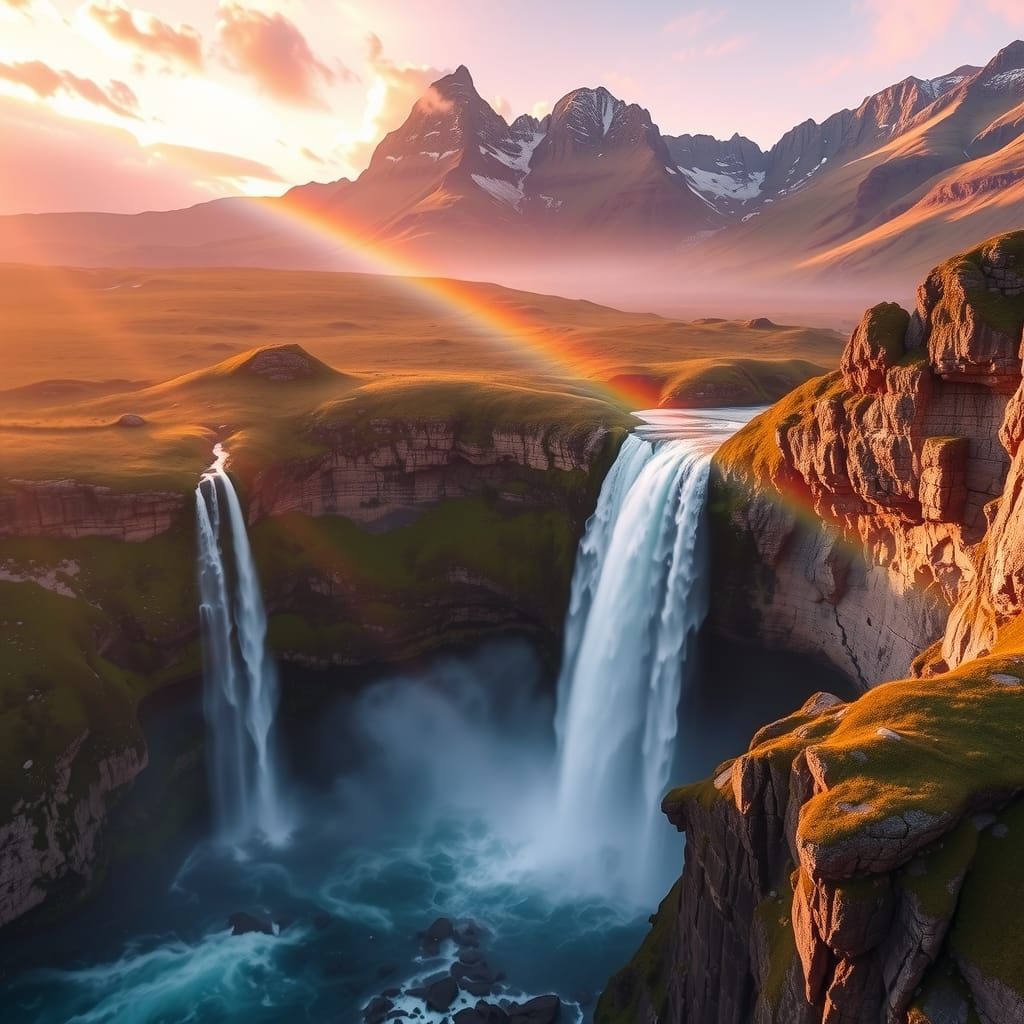 Beautiful natural landscape of waterfalls and mountains at d...