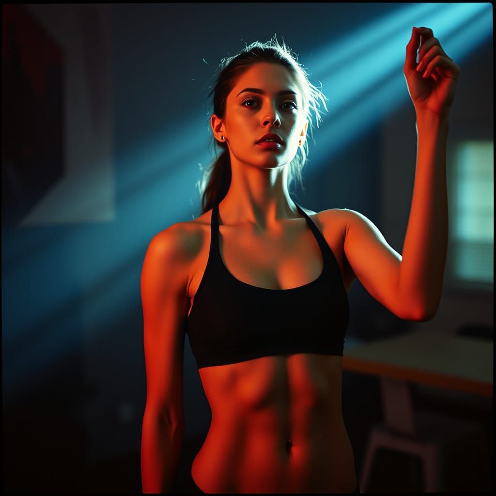Elegant Female Fitness Model in Cinematic Film Lighting