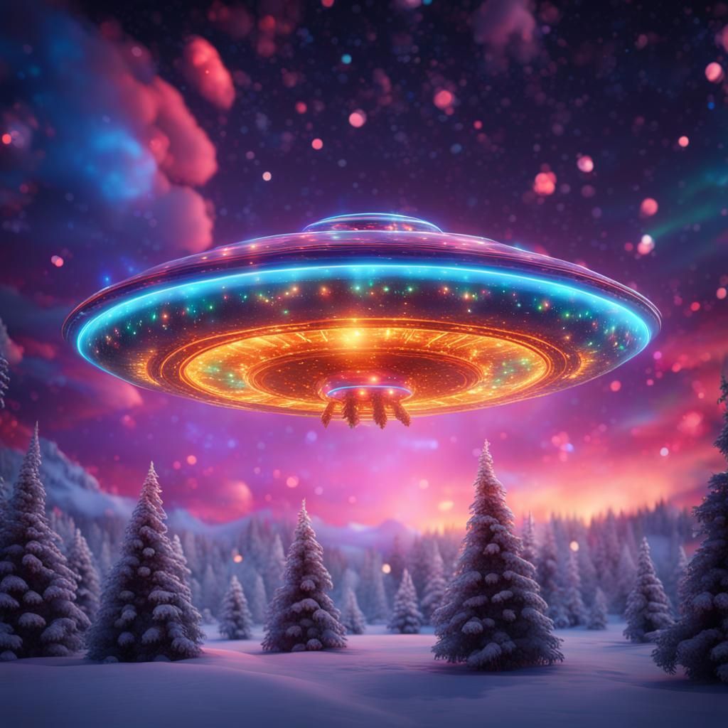 UFO over Christmas Sky in Psychedelic Art Style