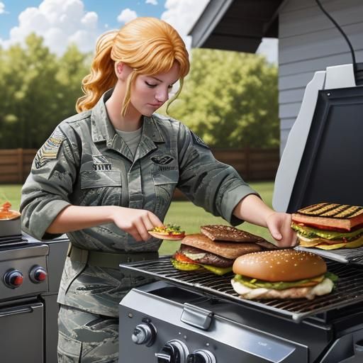 Air Force action figure grilling burgers