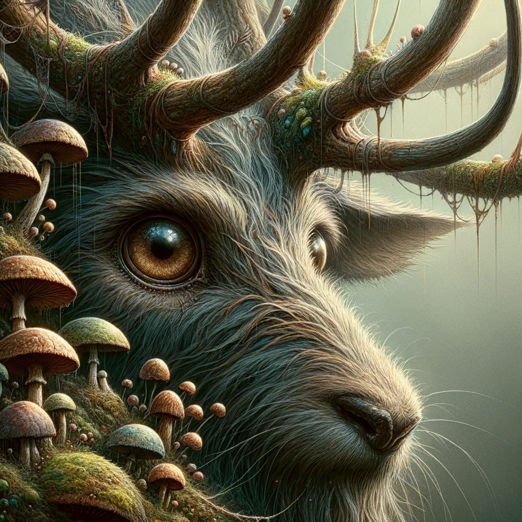 Majestic Forest Creature with Antlers Covered in Nature