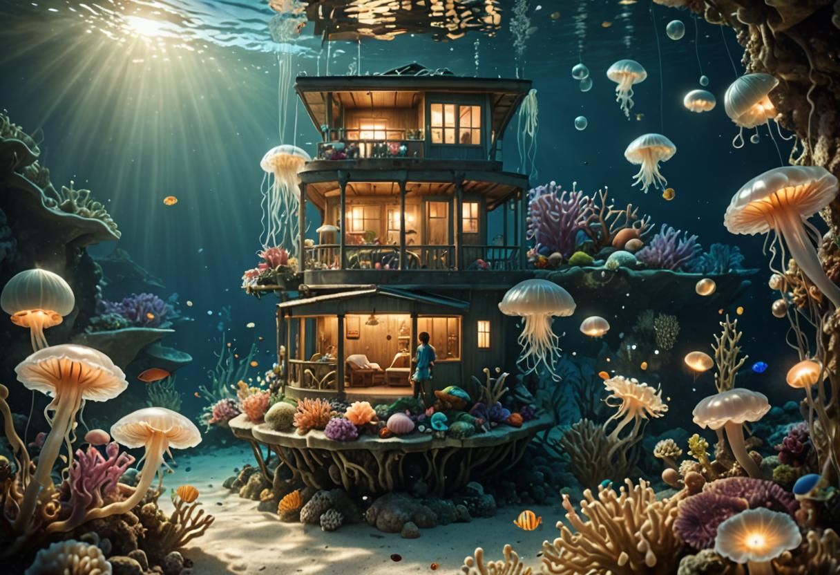 Hyperrealistic Underwater Home with Vibrant Marine Life