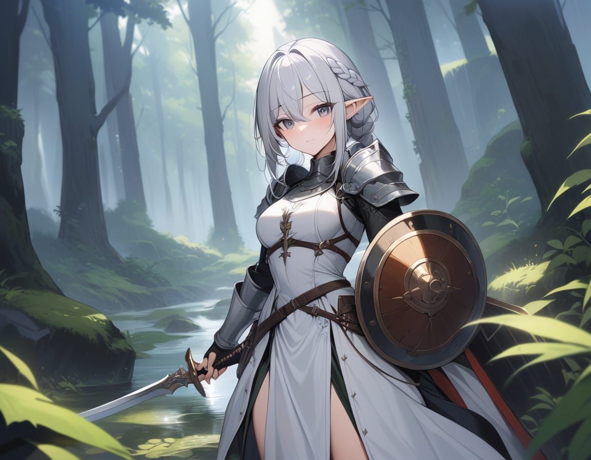 Elegant Elf Warrior in Serene Forest Canyon