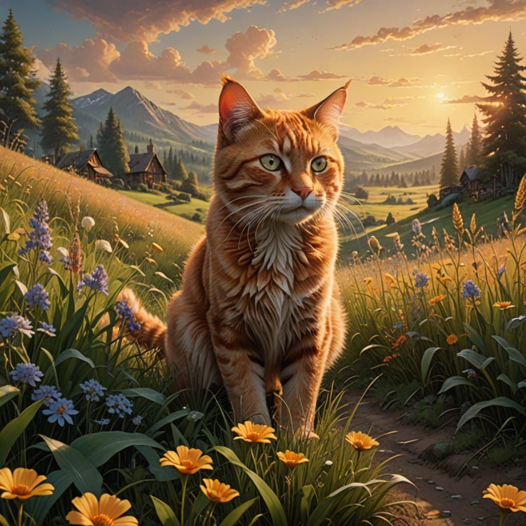 Hyper-Realistic Fantasy Scene with Ginger Cat in Whimsical L...