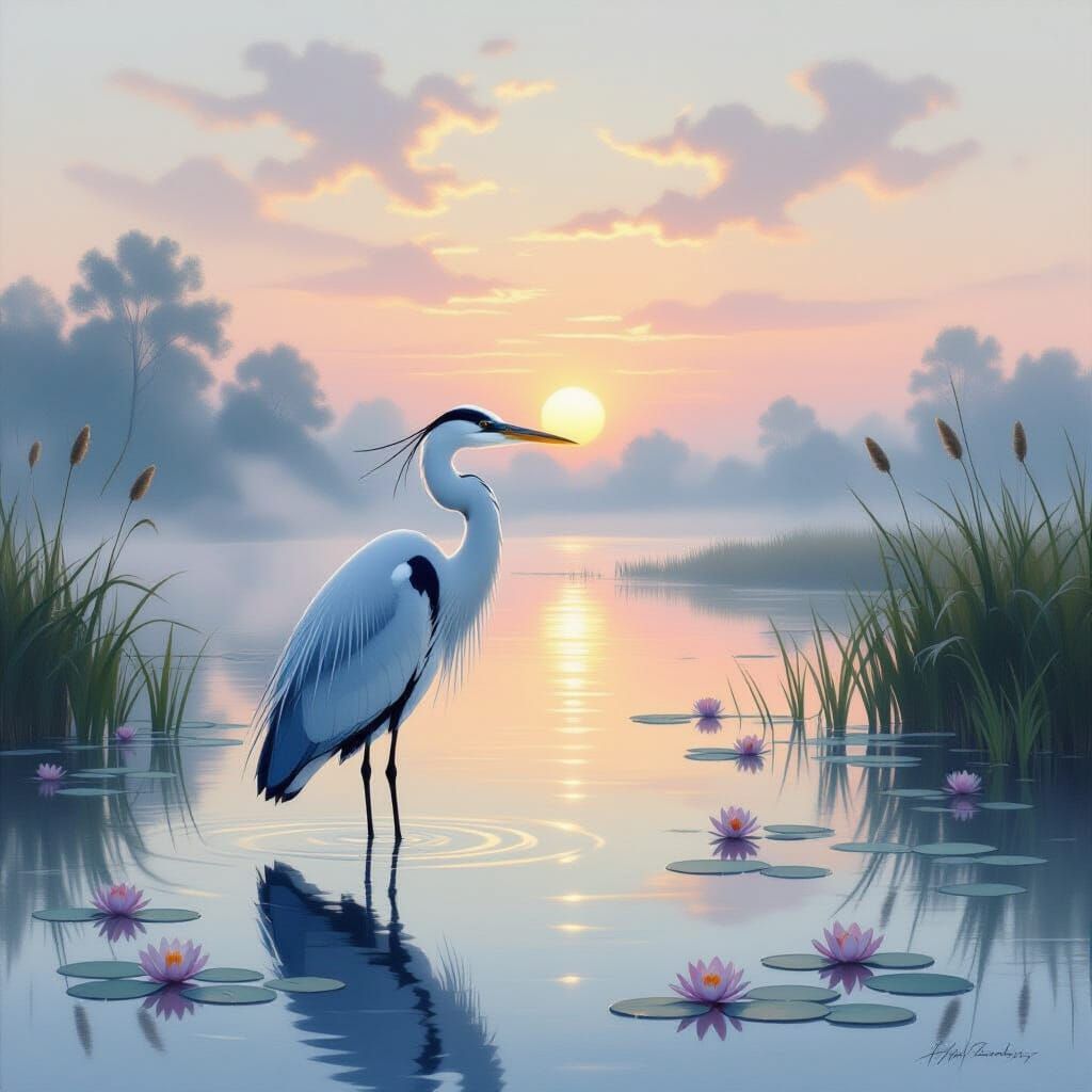 Majestic Heron at Dawn in Misty Lake, Painterly Style