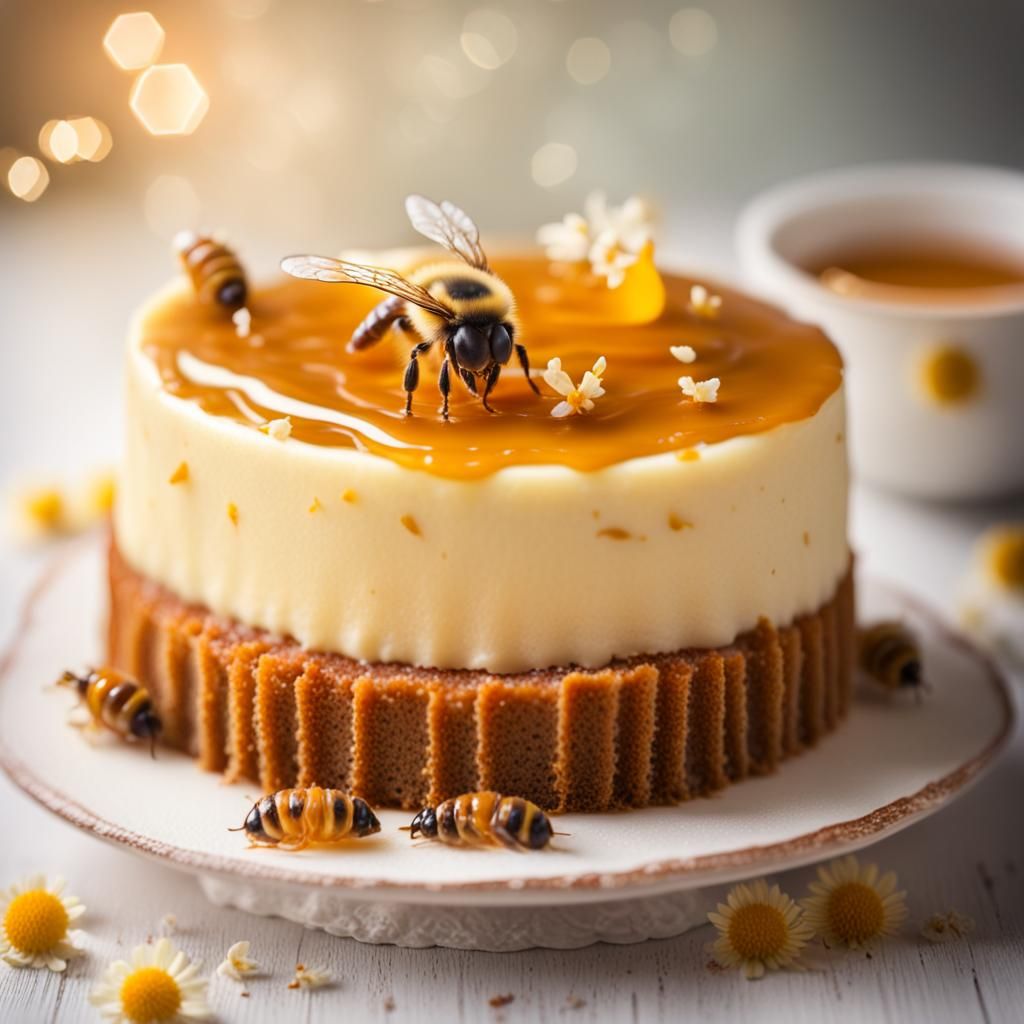 Cake with Honey and Bees in Sharp Focus