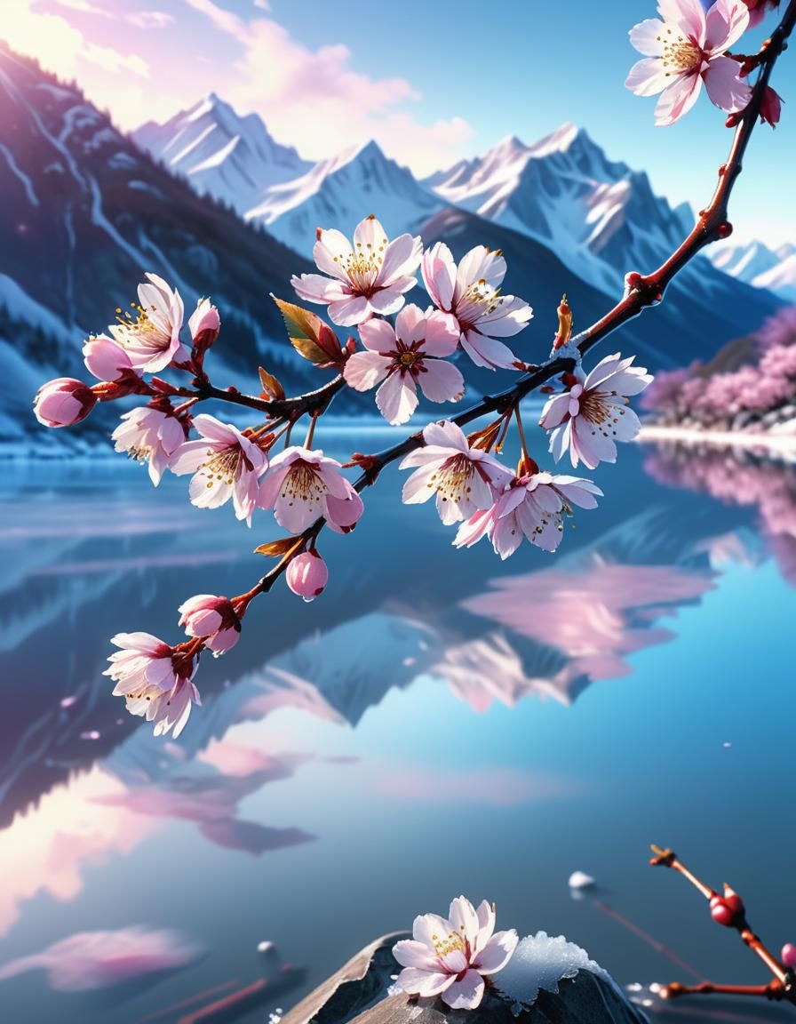 Cherry Blossom Branch on Frozen Lake: Digital Art