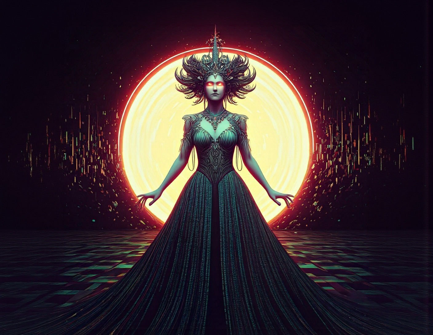Digital Sorceress in Binary Gown Before Portal