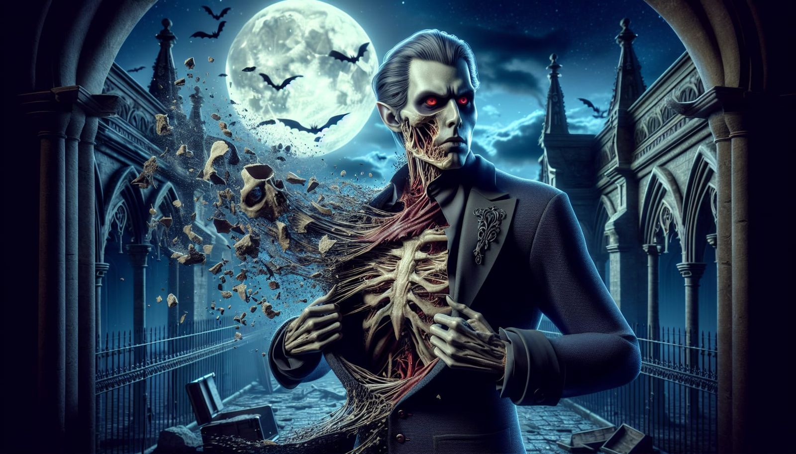 Vampire Disintegrating into Ashes under Moonlight