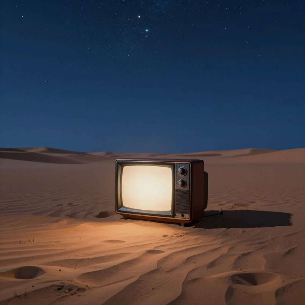 Retro TV in Desert Under Starry Night Sky