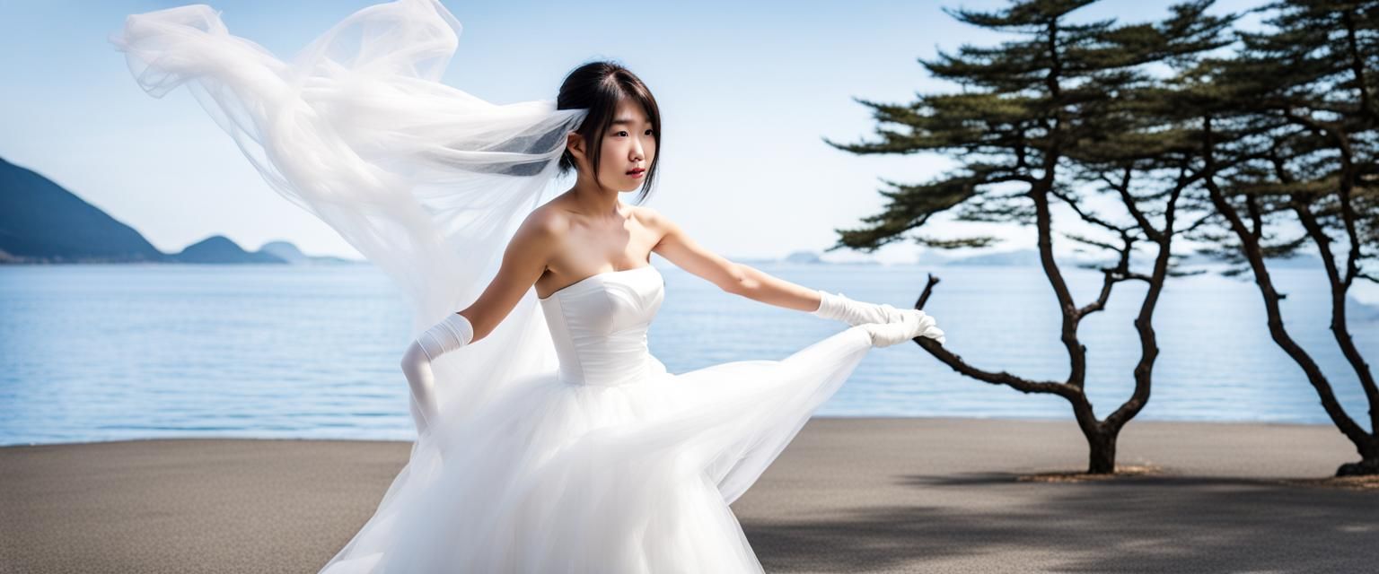 Embarrassed Japanese Girl in Wedding Dress
