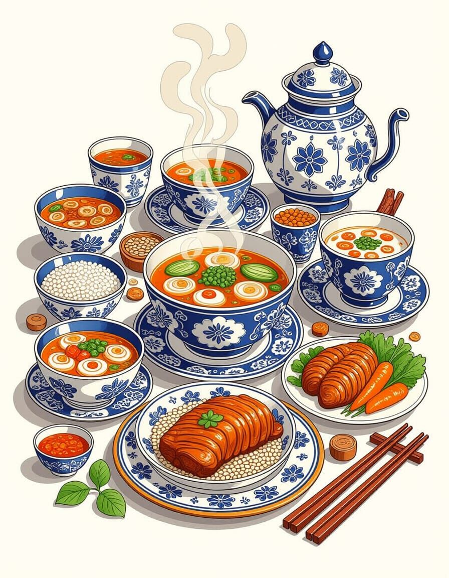 Exotic Fantasy Meal in Ink and Watercolor Style