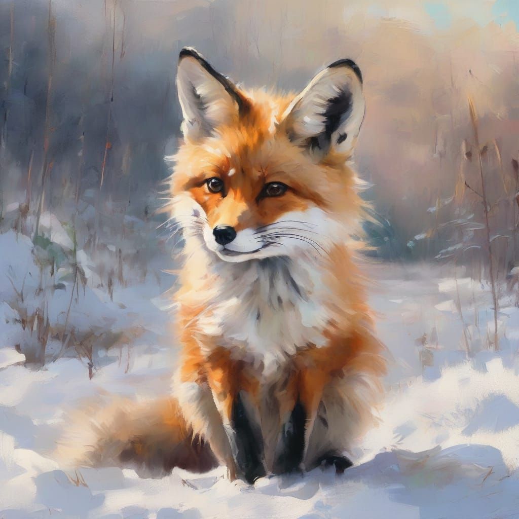 Fox Kit in Snowy Landscape, Impressionist Oil Painting