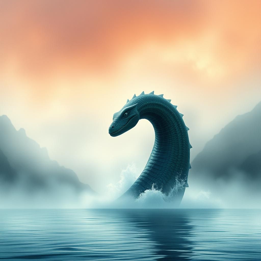 Majestic Loch Ness Monster in Dreamlike Watercolour Style