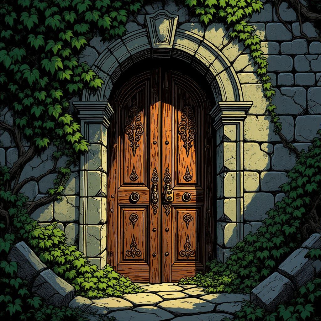Mysterious Amber Door in Ruined Palace: Comic Book Art