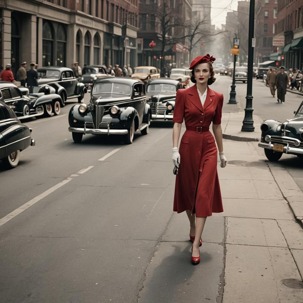 1940s Woman in Red Dress Walking in City