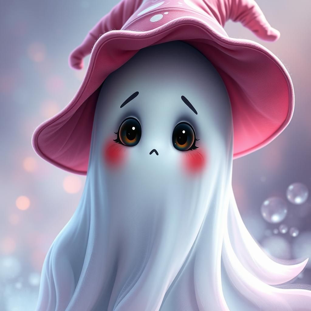 Playful Ghost Portrait with Pink Witch Hat
