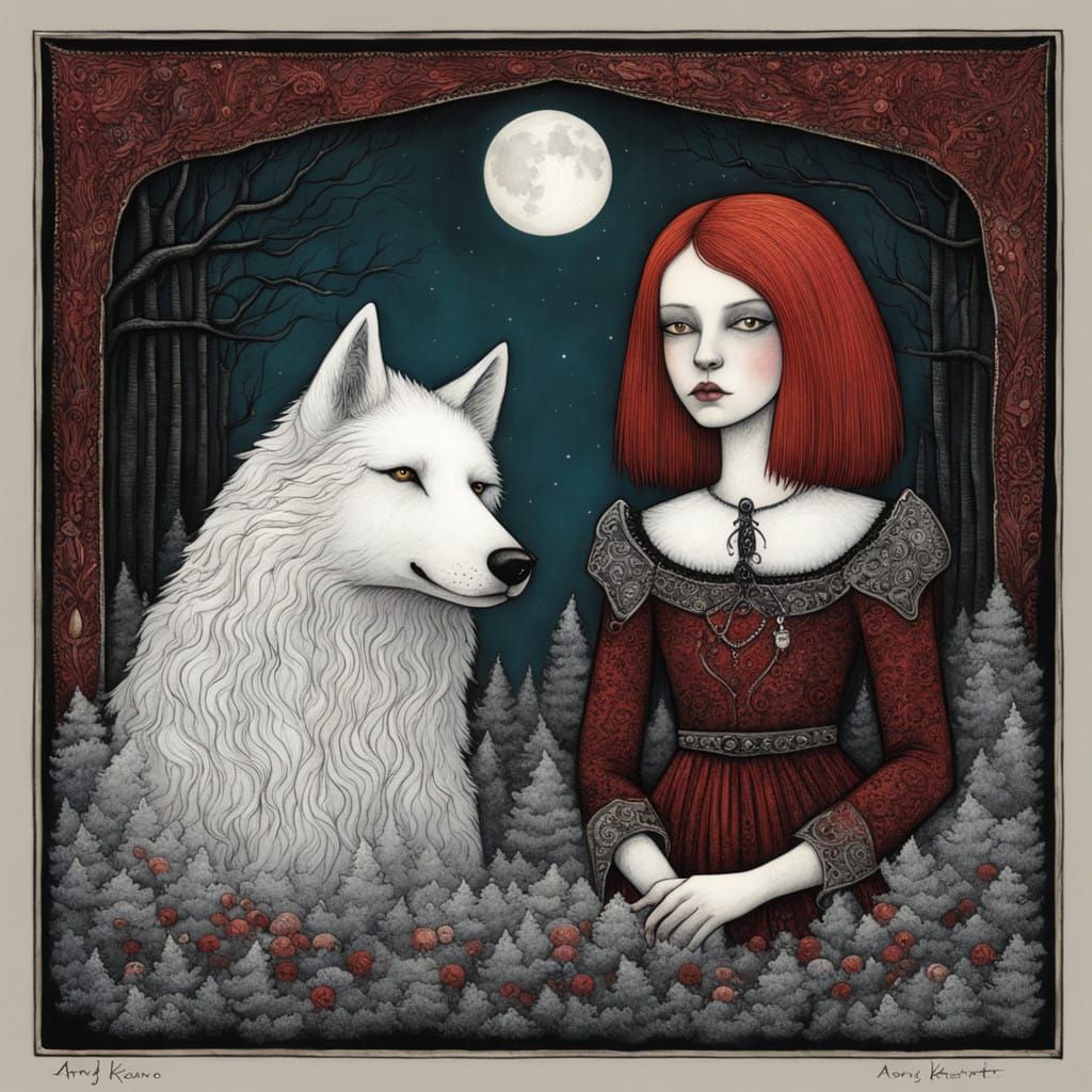Gothic Fantasy of Red-Haired Maiden and White Wolf
