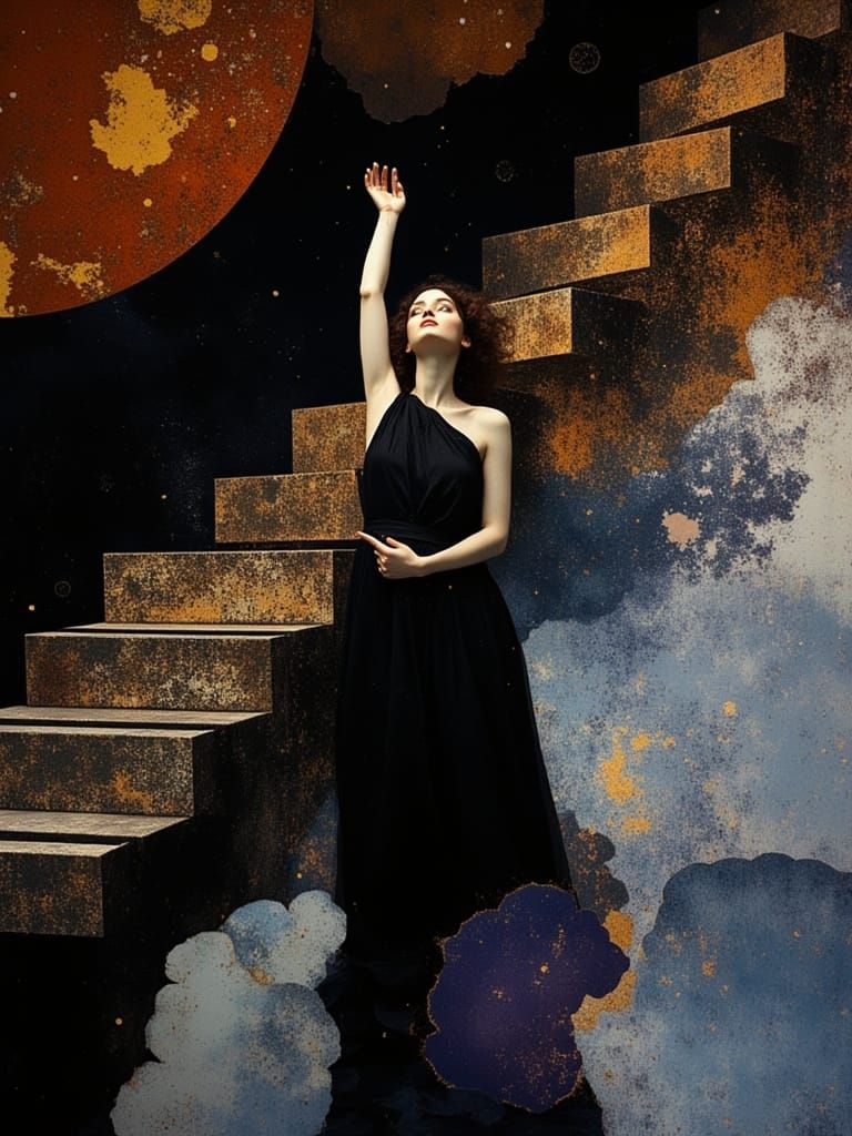 Ethereal Figure Reaches for Celestial Canopy in Dreamlike Di...