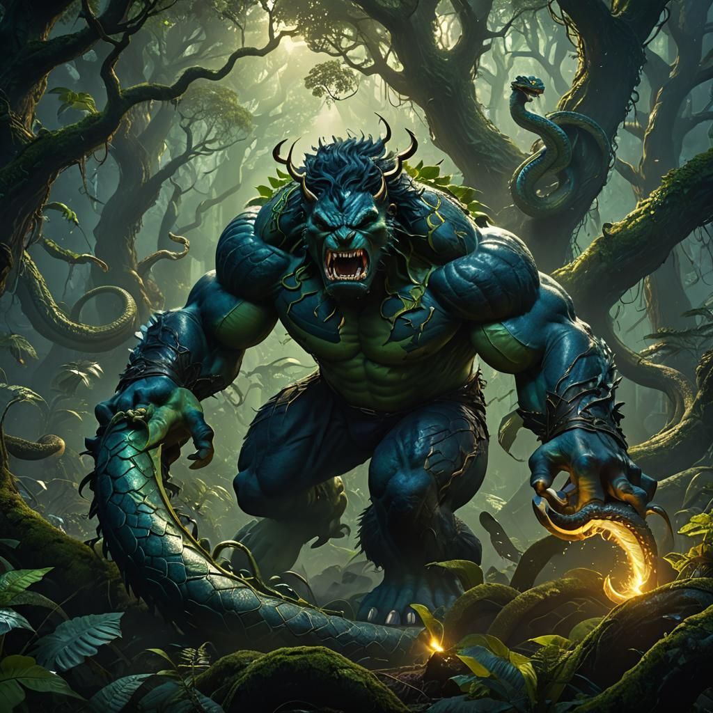 Hulk and Snake Fusion in Mystical Forest