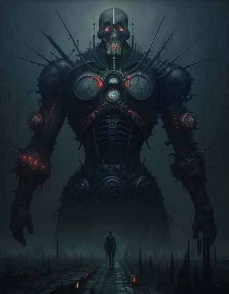 Brutal Cyberpunk Punk in Dark Cityscape, Beksinski Style