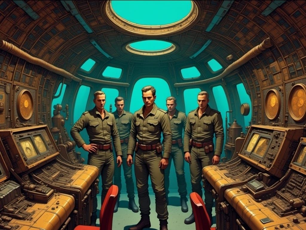 Steampunk Spacecraft Interior in Warm, Dim Light