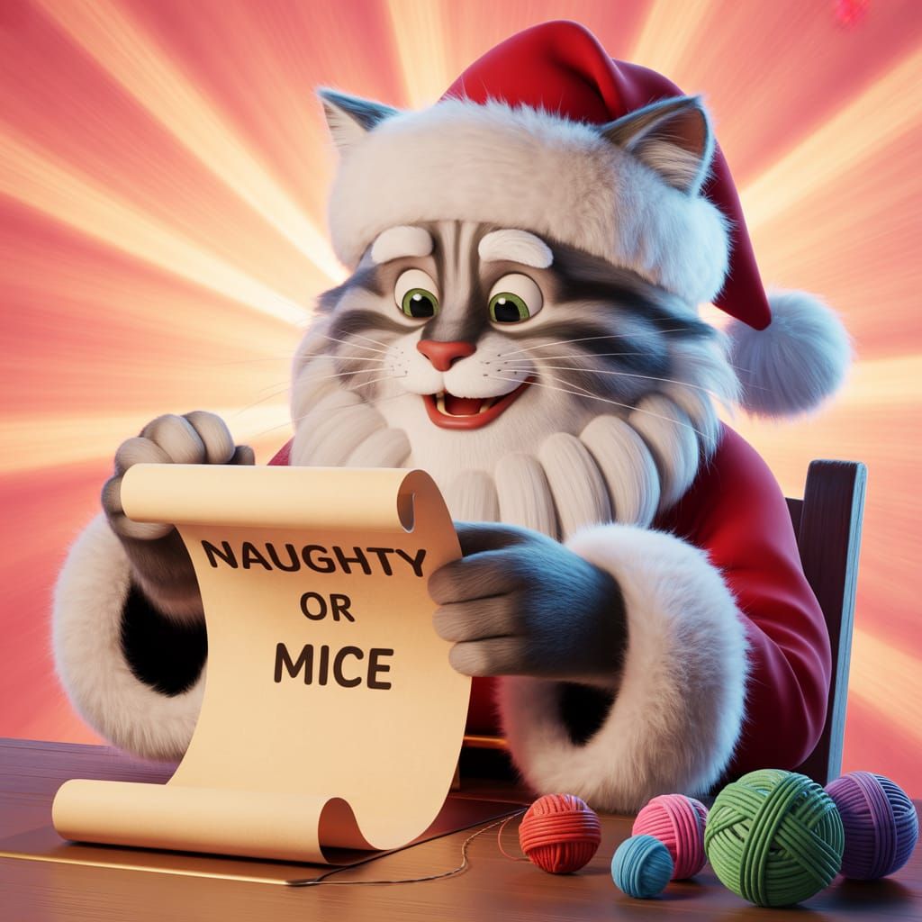 Santa Claus as an anthropomorphic cat, making his list and checking it twice. The list reads, "Naughty or Mice." Pixar, ...