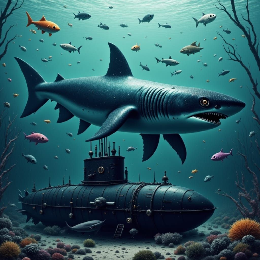 Giant Shark Engages Nuclear Submarine in Cyberpunk Battle