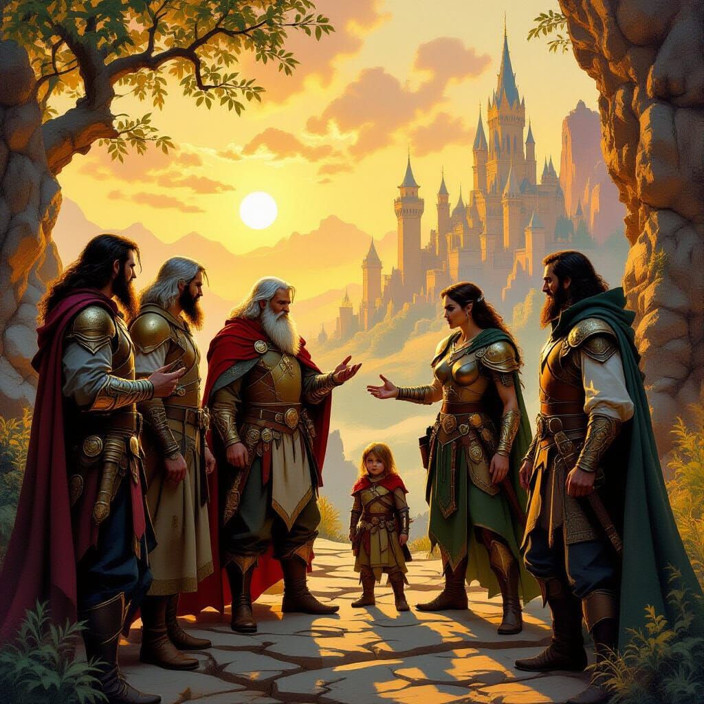 Humans Forge Empires in Fantastical World Oil Painting