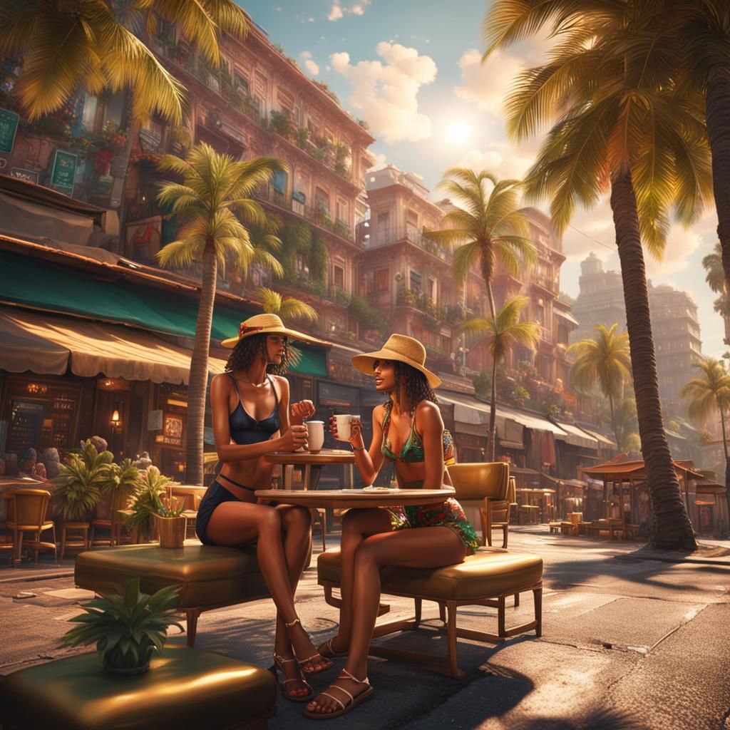 Bikini Models Enjoying Coffee: Fantasy Concept Art