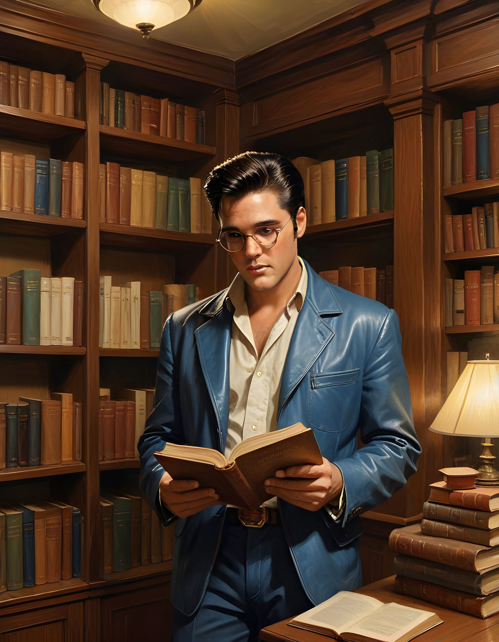 Vintage Elvis Presley Portrait in Elegant Library Setting